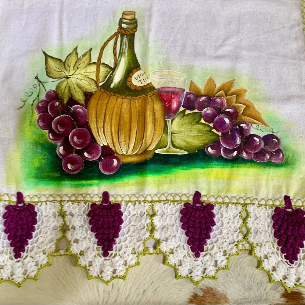 Hand Painted Grape Tea Towel With Crochet Edge